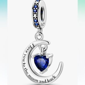 Love you to the Moon Silver Blue Heart Moon charm that fits all Pandoras